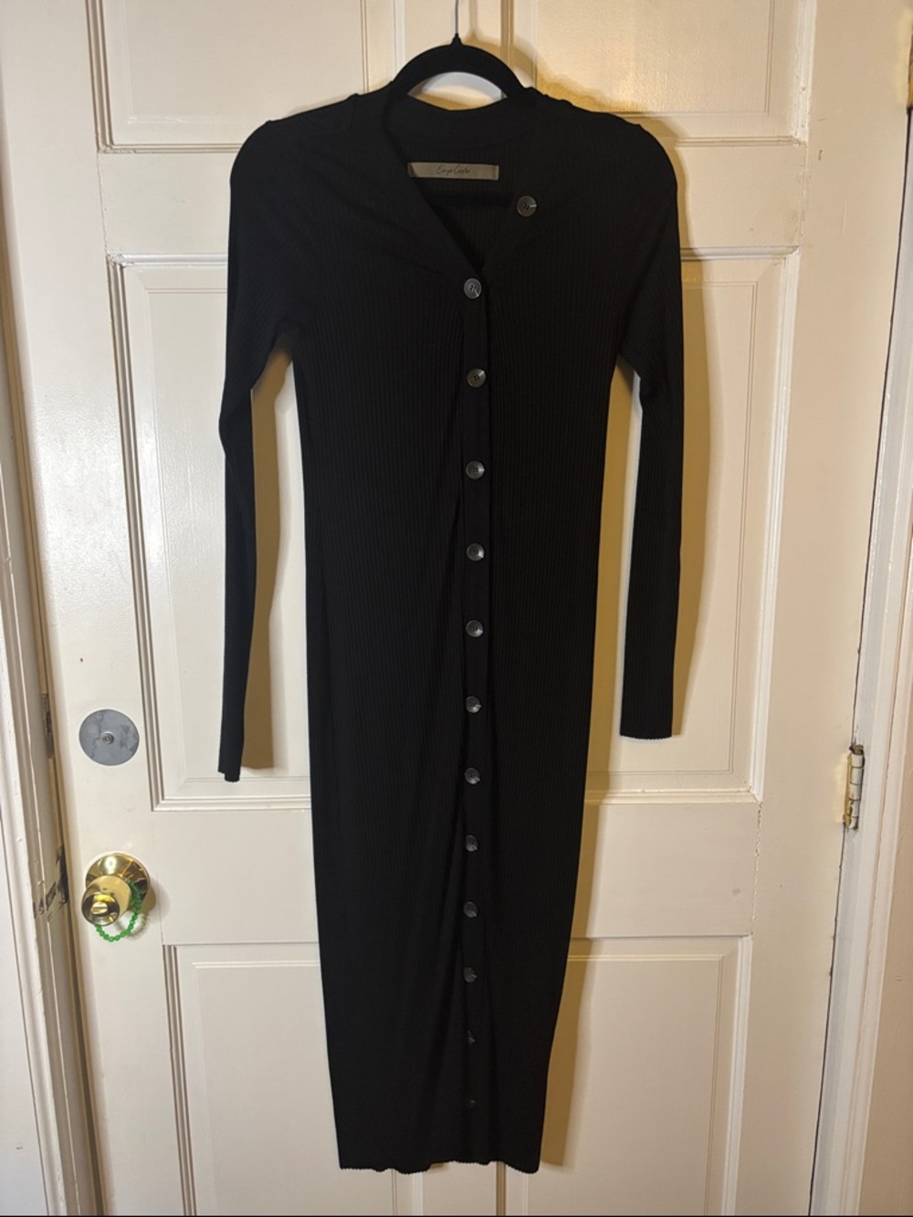 Enzo Costa Long Black Ribbed Button-Front Dress